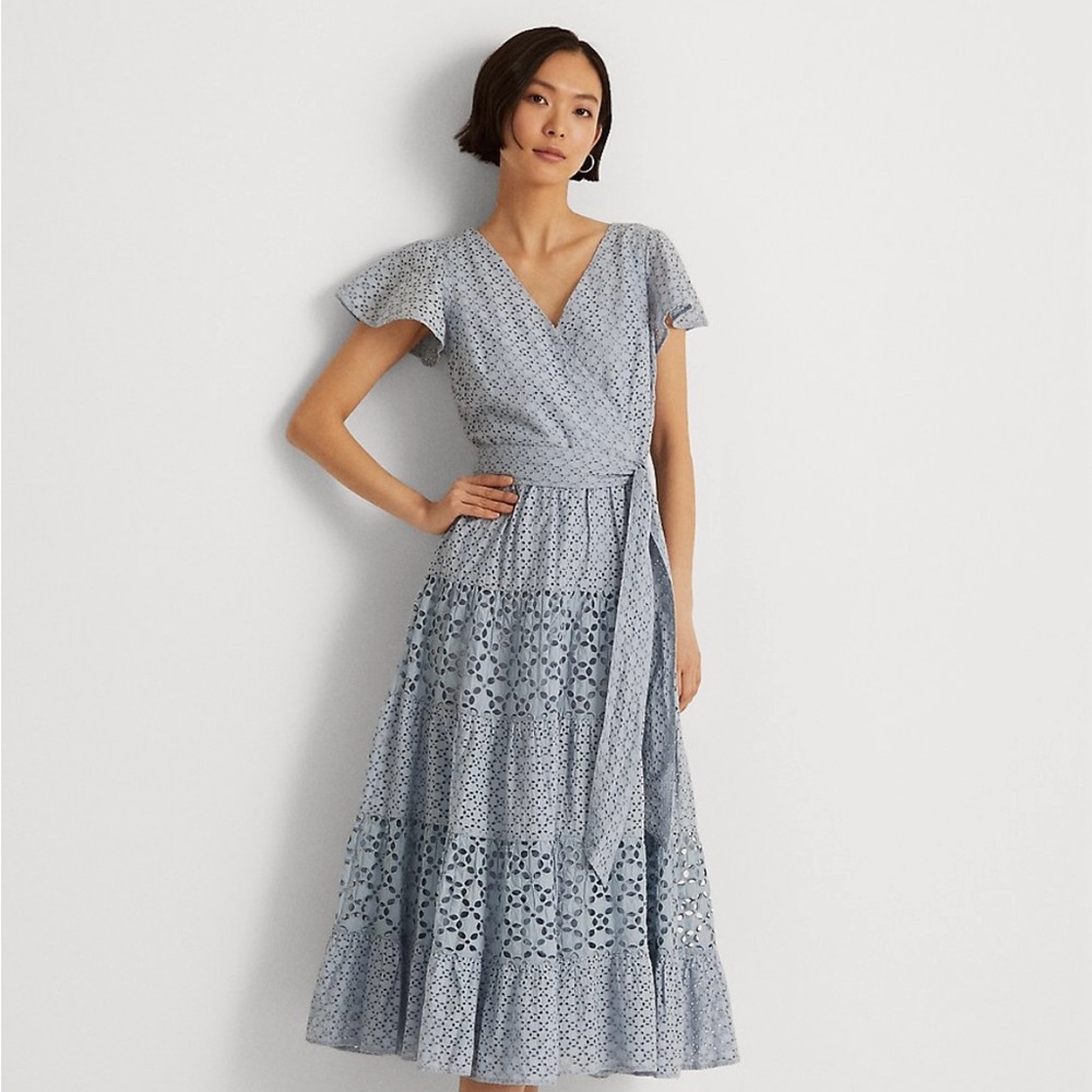 Ralph Lauren Graceful Midi Dress Eyelet Cotton Embroidered Size 8